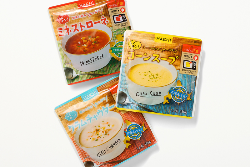 らくチン！スープ　クラムチャウダー、コーンスープ、ミネストローネ画像