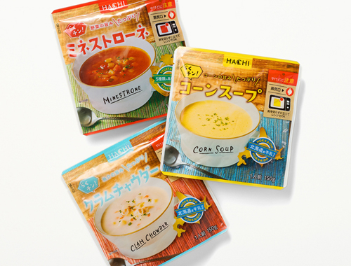 らくチン！スープ　クラムチャウダー、コーンスープ、ミネストローネの画像